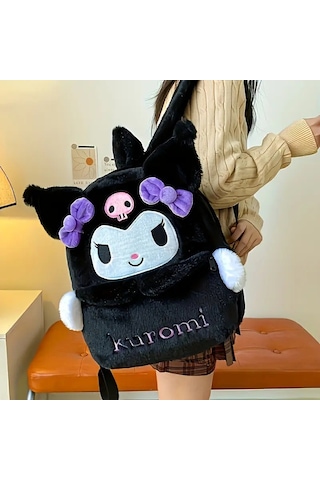 Kuromi Sırt Çantası Büyük Kapasiteli, Peluş Detaylı Sevimli Karikatür Tasarım, Günlük Kullanım & Hed Siyah