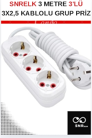Snrelk 3 Metre 3'lü Kablolu Düz Topraklı Fişli Grup Priz