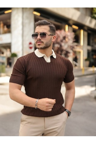 Efnaz Style Erkek Yaka Detaylı Desen Dokulu Triko Tişört Kahverengi