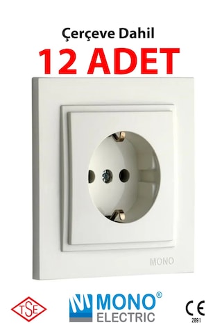 Mono Despina Çerçeve Dahil Topraklı Priz 12 Adet Beyaz