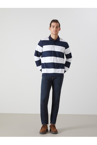 Lcwaıkıkı Basic Lacivert Polo Yaka Uzun Kollu Çizgili Erkek Sweatshirt