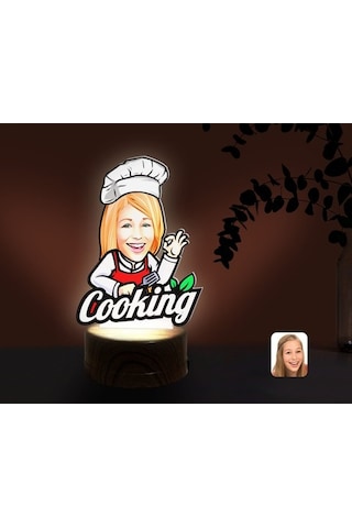 Kişiye Özel Kadın Chef Karikatürlü Dekoratif 3D Biblo Led Işıklı (481501220)