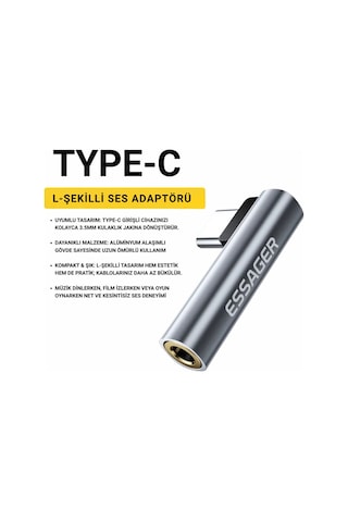 Essager L Tip Type-c To 3.5mm Ses Ve Kulaklık Çıkışı, Hifi Ses Destekli, Telefon, Tablet, Pc Uyumlu Gri
