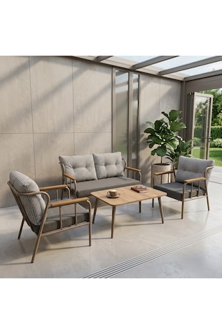 Paris 2+1+1+sehpa Metal Balkon Takımı Keten Dokulu Kumaş Cappuccino Metal - Bahçe Teras Oturma Grubu