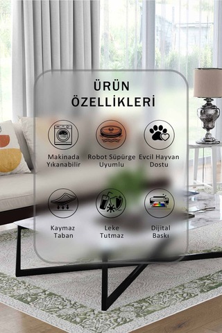 Yıkanabilir Kaymaz Taban Dijital Baskılı Halı Ve Yolluk Leke Tutmaz Salon & Mutfak Halısı - 1464 Yeşil