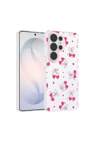 Samsung Galaxy Uyumlu S25 Ultra Kılıf Kamera Korumalı Desenli Zore Klip Kapak - Kalpli Kiraz -