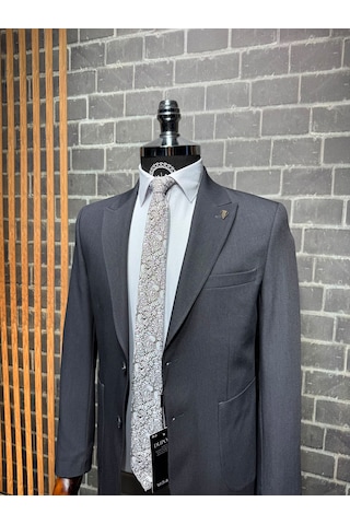 Dupont Classics Dupont Slim Fit Sivri Yaka 6 Drop Çift Yırtmaç Torba Cep 2'li Takım Elbise Koyu Gri
