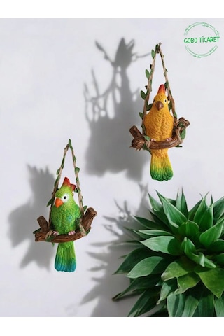 2 Adet Dekoratif Sallanan Duvar Ve Bahçe Süs Kuş Biblo Yeşil-sarı