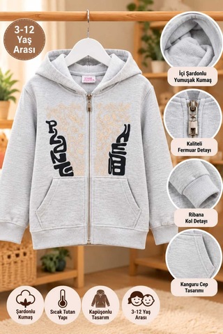 Üç Gül Ticaret Kız Çocuk Kapüşonlu Fermuarlı Şardonlu Sweatshirt Gri 3-12 Yaş Gri Gri