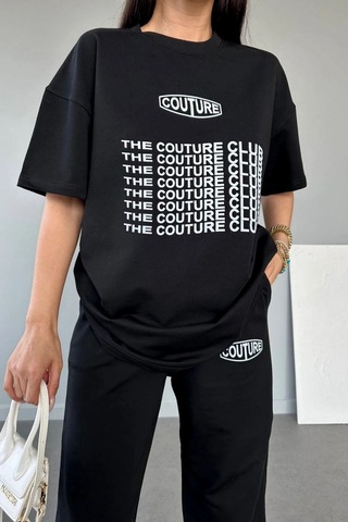 Couture Club T-shirt Eşofman Altı Jogger- Siyah Baskılı Alt Üst Eşofman Takım Oversize Bisiklet Yak Siyah