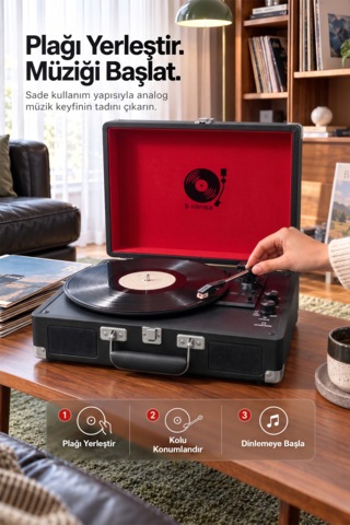 Kensa Bluetooth Lu Nostaljik Çantalı Pikap 33/45/78 Devir Dahili Bataryalı Plak Çalar Siyah