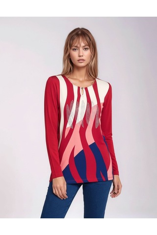 Kadın Bisiklet Yaka Esnek Desenli Taşlı Viskon Uzun Kol Curve Büyük Beden Bluz Kırmızı