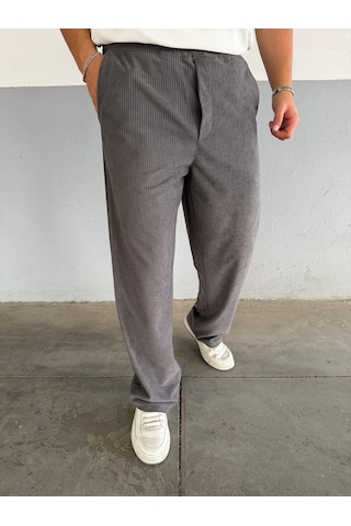 Mass Plus Slimfit Yakalı Astarlı Yan Cep Baggy Pantolonlu Kadife Takım Gri