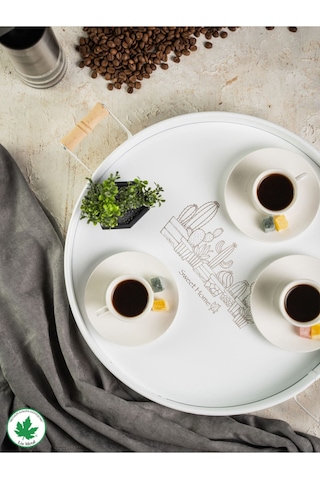 Lin Metal 37cm Yuvarlak Tepsi Ahşap Kulplu Kaktüs Baskılı - Beyaz