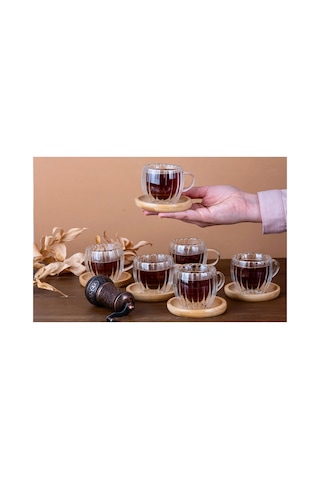 6 Lı Bambu Tabaklı Çift Cidarlı Kahve Fincan Takımı Cidarlı Fincan Seti 80 Ml 12 Parça Şeffaf Şeffaf