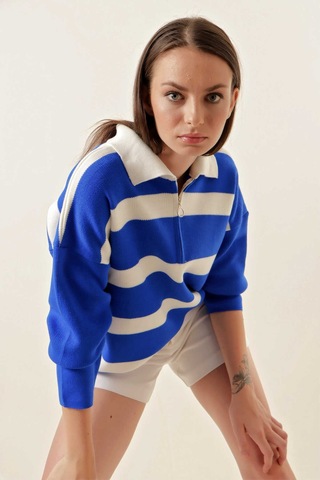 Gabria Fermuarlı Çizgili Kazak Saks