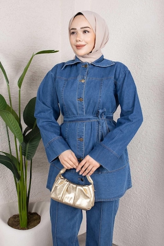 Misskayle Kuşaklı Düğmeli Denim Takım Rahat Kesim İkili Kombin Açık Mavi Açık