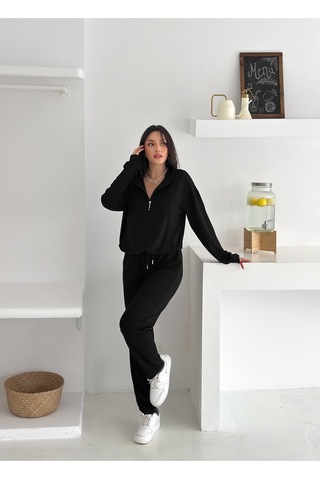 Gugus Kadın Yarım Fermuarlı Model Beli Lastikli Dar Paça Eşofman Takımı Siyah