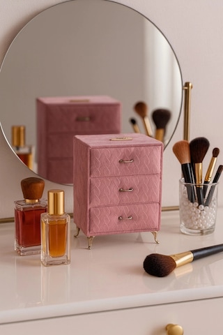 Dekoratif 3 Çekmeceli Kadife Takı Bijuteri Mücevher Kutusu Organizer Düzenleyici Pembe