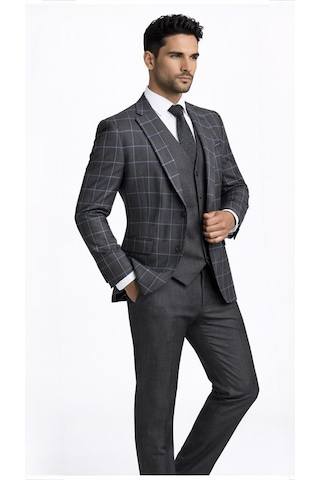 Fabio Cassel Slim Fit Mono Yaka Çift Yırtmaçlı Astarlı Takım Elbise Yelekli Gri