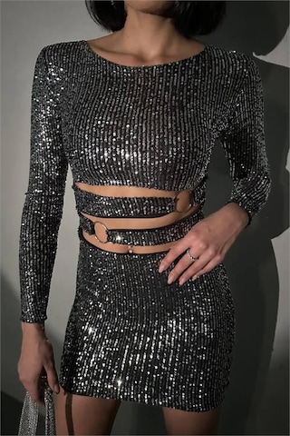 Dip Moda Kadın Gri Halka Detyalı Mini Pul Payet Elbise Dpnbdf106 Gri