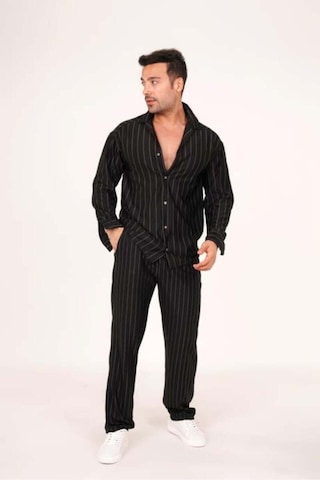 Alaçatı Stili Erkek Krep Kumaş Çizgili Gömlek Ve Pantolon Takım Siyah
