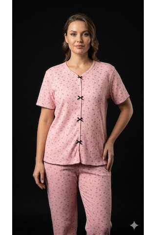 Sleeproom Yazlık Pembe Siyah Zeytin Dalı Desenli Kısa Kol Penye %100 Pamuk Pijama Takım
