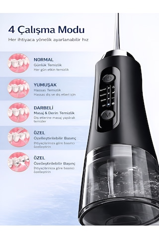 Ipx7 Ağız Duşu 320ml 5 Başlık 4 Mod 20-140 Psı Şarjlı Diş Temizleme Oral Irrigator Siyah