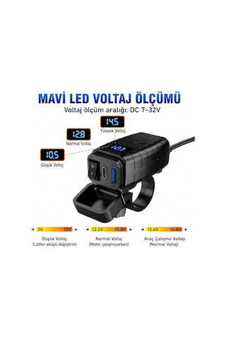 Lexroo Motosiklet Hızlı Şarj Cihazı 12v-24v Su Geçirmez Çift Usb Type-c Pd Hızlı Şarj Portu Gidon Standart