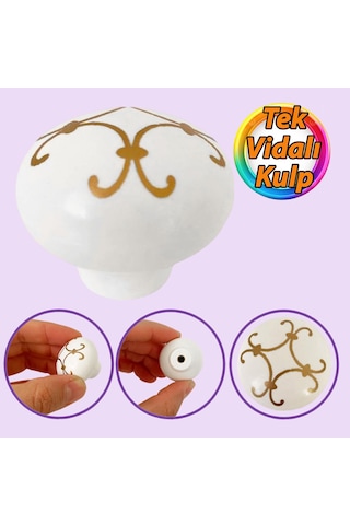 Defne Altın Çizgili Beyaz Polimer Düğme Kulp Mantar Mobilya Mutfak Dolabı Çekmece Kulbu Kulpları