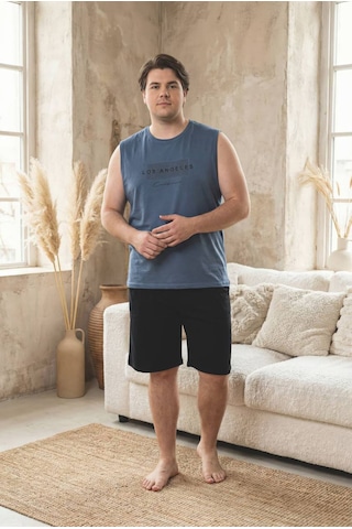 Seboteks %100 Pamuklu Kolsuz Cepli Büyük Beden Erkek Şortlu Pijama Takımı 2012 Füme
