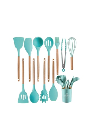 Isıya Dayanıklı Silikon Mutfak Gereçleri, Ergonomik Ahşap Saplı Toksik Olmayan Pişirme Gereçleri, Yapışmaz Tencere, Kaşık Ve Çorba Kepçesi İçin Mükemmel