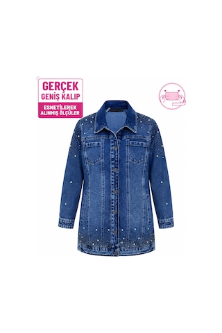 Büyük Beden Yakalı Taş Detaylı Cepli Kadın Denim Ceket Mavi