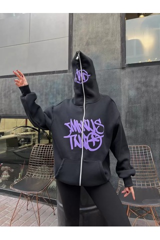 Paradise Oversize Zip-up Graffiti Hoodie - Full Face Zip Gri