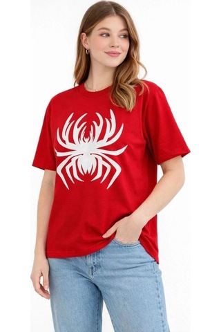 Freedom Storee Kadın Örümcek Baskılı Tişört Kısa Kollu Bisiklet Yaka T-shirt - Kırmızı Çok Renkli