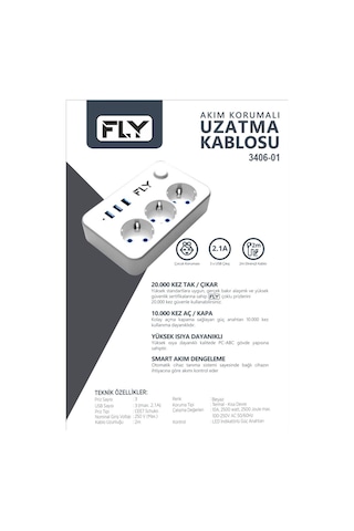 Fly 3406-01 3 Soket 3 Usb Akım Korumalı Priz 2.1a Anahtarlı 2mt Kablo Beyaz 1923 1.9 M