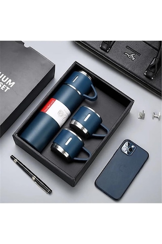 Kişiselleştirilebilir 3 Bardaklı Çelik Termos 05 Lt Mavi Mavi