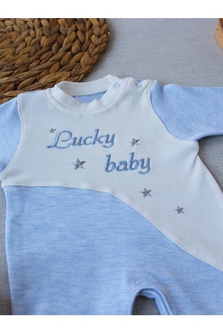 Veraura Lifestyle 0-3 3-6 Ay Lucky Baby Nakışlı Es Çizgi Boy Şapkalı Erkek Bebek Tulumu Mavi