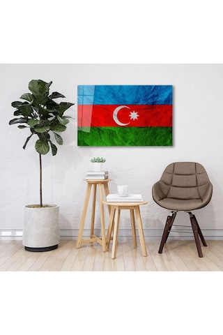 Es10 Es10 Dokulu Azerbaycan Bayrağı Cam Tablo, Uv Baskılı ve Temperli, Hediyelik