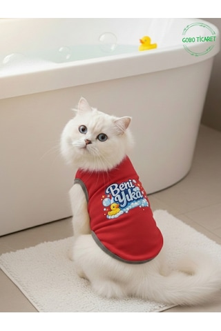Kırmızı Beni Yıka Baskılı Kedi Ve Köpek Kıyafeti Evcil Hayvan Tişörtü Elbisesi Xsmall/xs/beden 0