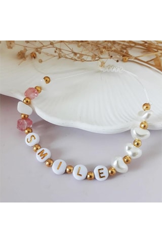 Makrome Örme Smile Yazılı Sedef & Gül Kuvars Doğal Taş & İncili Kadın Bileklik & Halhal Çok Renkli