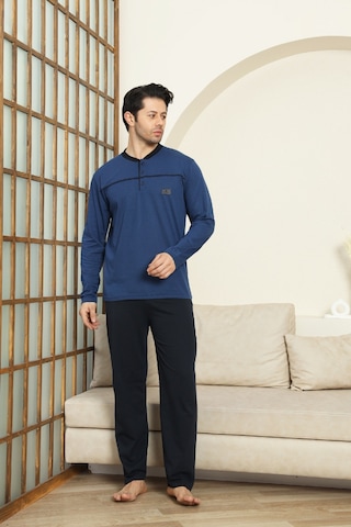 Enisena Erkek %100 Pamuklu Pijama Takımı-robalı Ve 3 Düğmeli-12489 İndigo