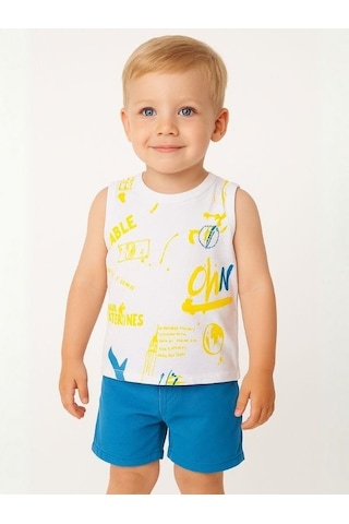 Erkek Bebek Pamuklu Renkli Yazı Baskılı Kolsuz T-shirt-16000 Beyaz