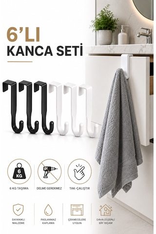 Sas Haus Kapı Üstü Askılık 6'lı Plastik Kanca Seti Havlu Bornoz Çanta Askısı Siyah Beyaz S-161 Krom
