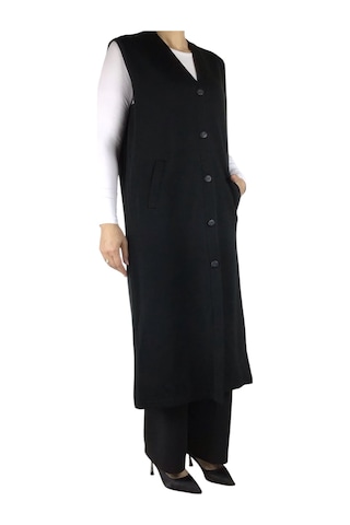 Kadın Önü Düğmeli Uzun Cepli Mevsimlik Çelik Örgü Yelek Siyah