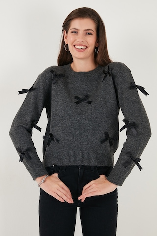 Lela Premium Regular Fit Bisiklet Yaka Fiyonk Detaylı Triko Bayan Kazak 680Kz00155 Antrasit