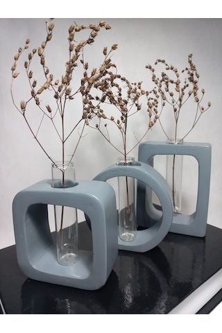 Modern Sanat Esintili, Dikdörtgen-kare-yuvarlak Formlu, Cam Tüplü Dekoratif 3'lü Vazo Set Gri