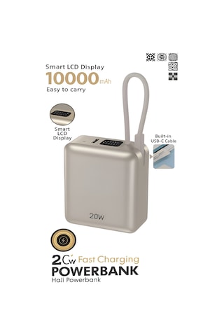 20w Hızlı Şarj Powerbank 10000mah Lcd Ekranlı, Dahili Type-c Girişli Kablolu Taşınabilir Şarj Rose Gold