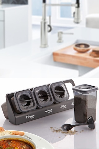 Kitchen Life 4'lü Etiketli Standlı Kilitli Kaşıklı Kendinden Yapışkanlı Kare Baharatlık Takımı - Erzak Kabı Seti Siyah