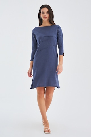 Peraluna Kayık Yaka Sade Yazlık Kadın Triko Elbise Gri- Mavi
